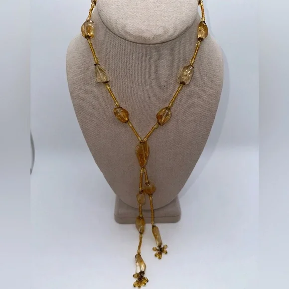 Vintage amber stone beaded dangle necklace - Picture 3 of 5